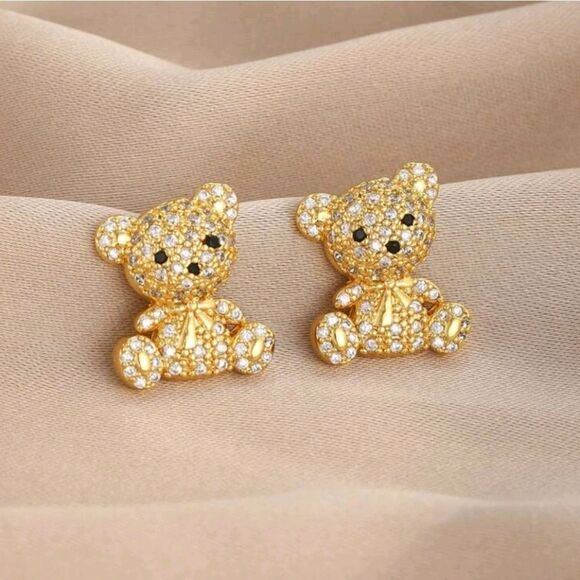18K Gold Plated Diamond Bear Earrings - Picture 1 of 5